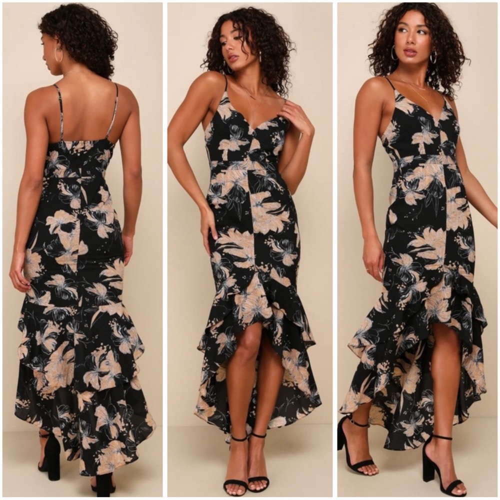 Lulus Darling Daylily Black Floral Print High-Low Maxi Dress XS